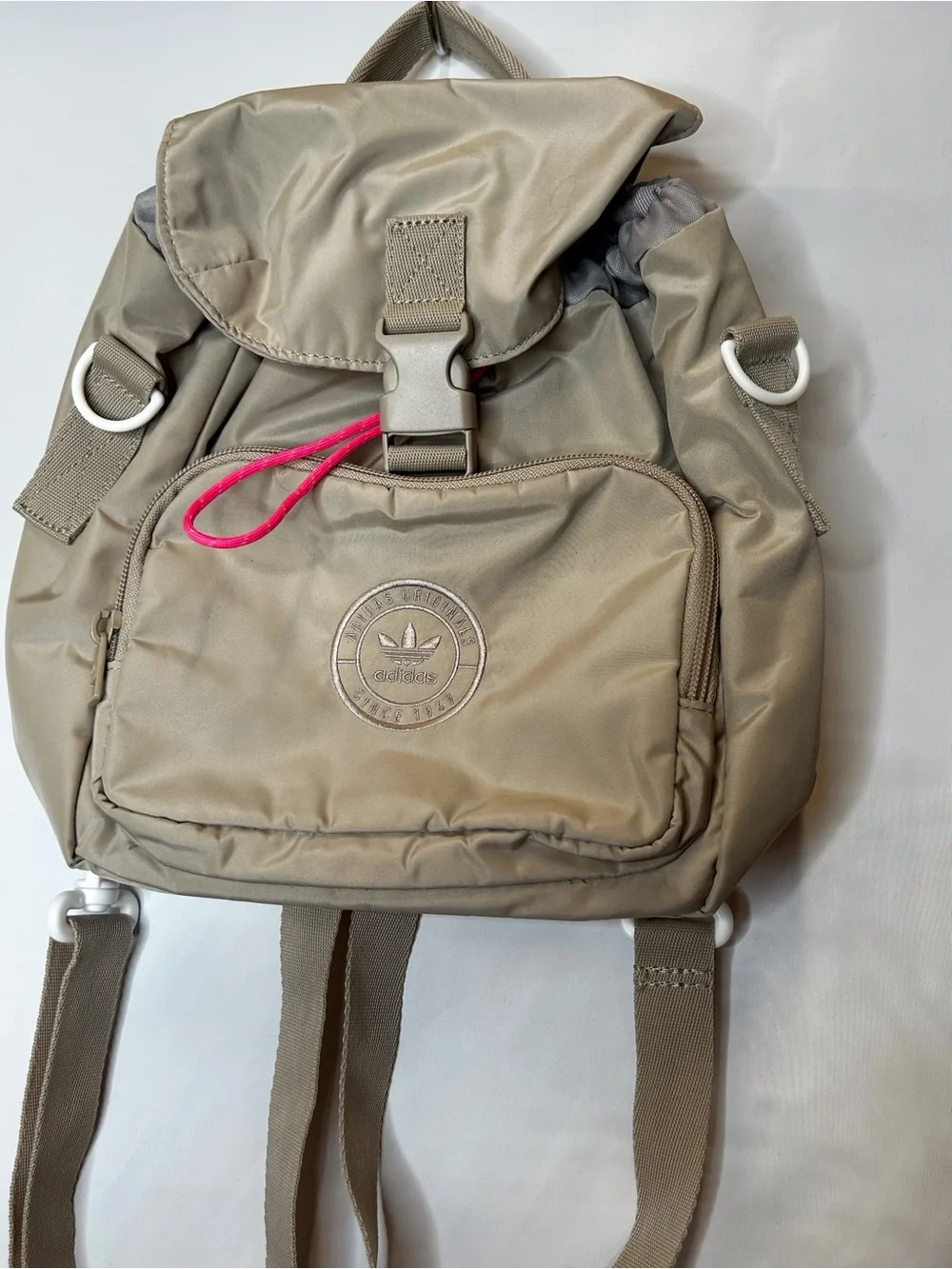 adidas Taupe Mini Nylon Backpack with Pink Accent Pull
